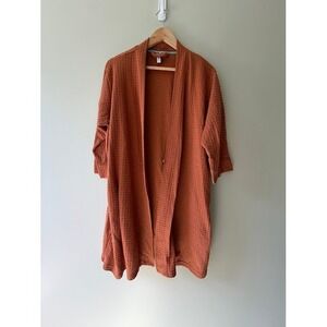 Waffle Knit Joy Women L Rust Orange Robe Open Front Textured Pockets Lounger